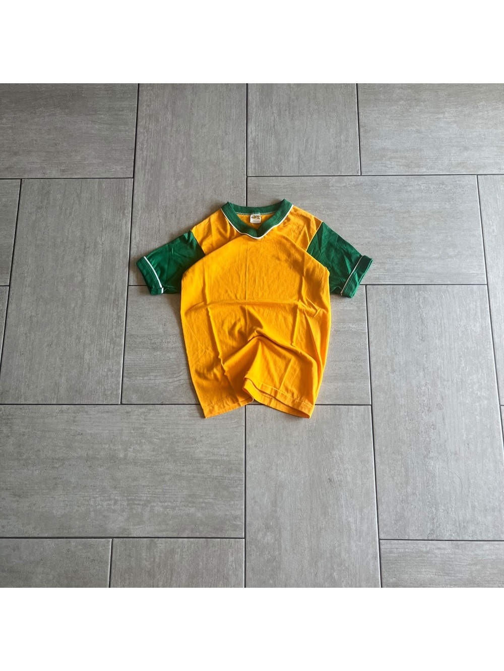 Vintage Russell Athletic Youth Medium Yellow and Green Raglan T-Shirt